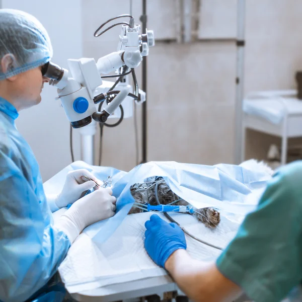 Veterinary surgeons performing a delicate procedure under a microscope, with one surgeon using precision instruments while another assists, both dressed in surgical attire and focused on the operation.